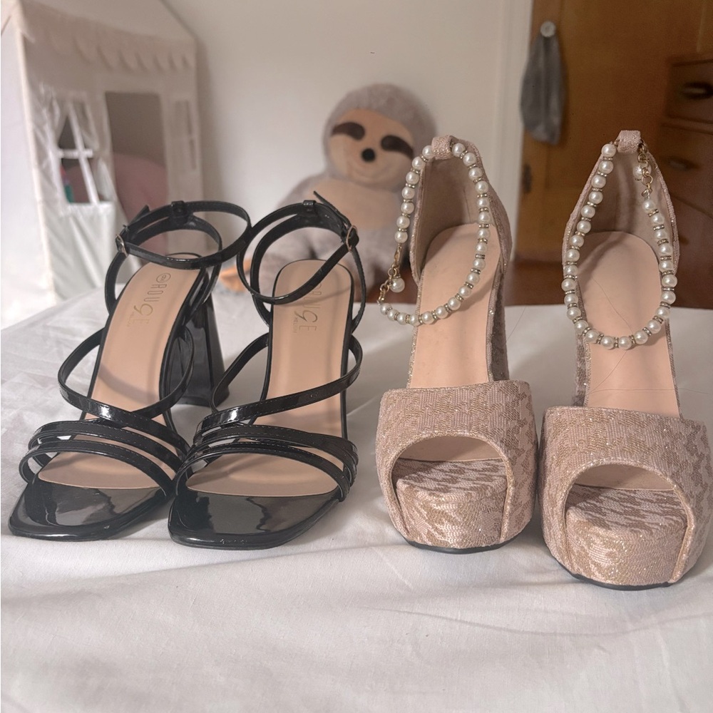 No Boundaries Black and Cream Heels with Strappy and Platform Styles